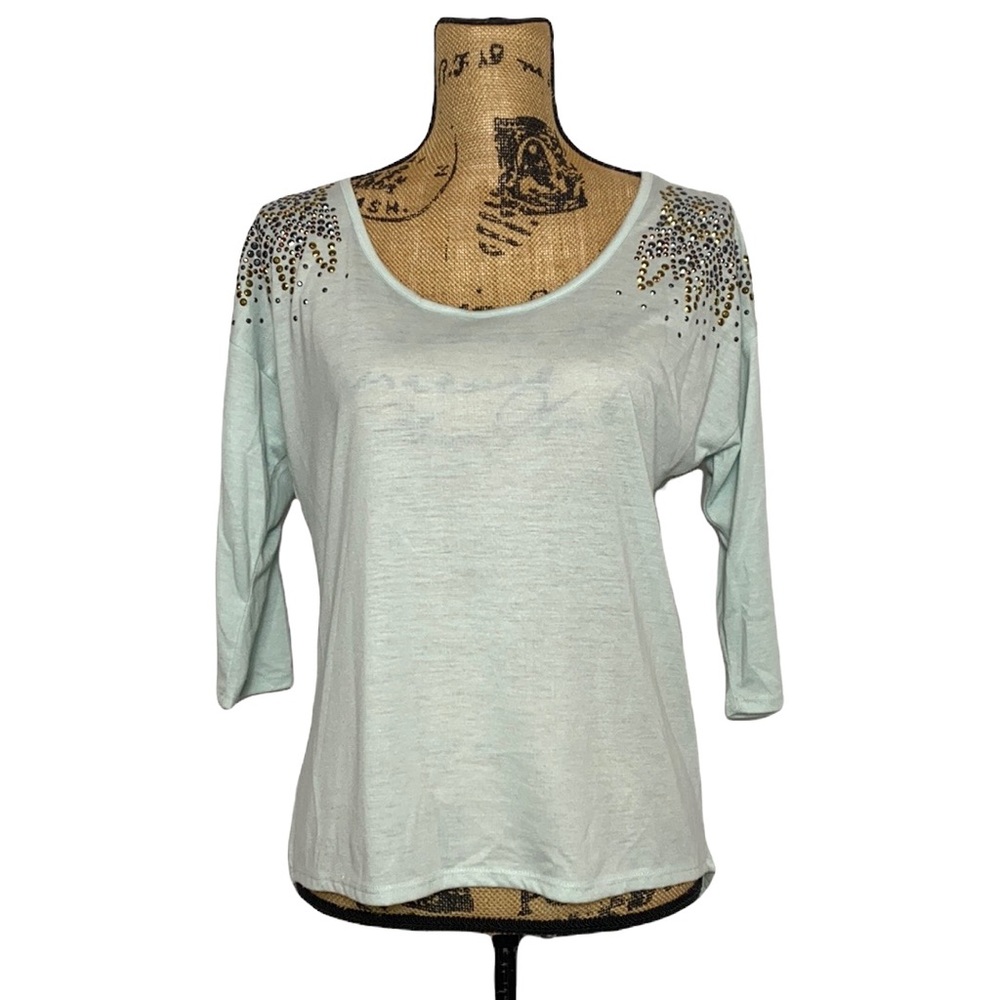 Baby Blue Studded-Shoulder Sheer Back Blouse S